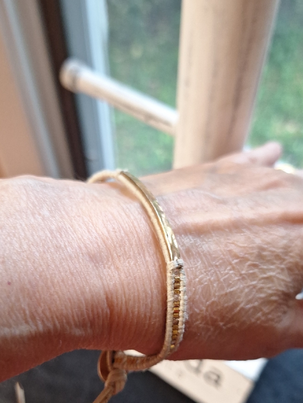 CHAN LUU Signed Beige & Gold Bar Wrap style Adjustable Bracelet Minimalist Boho - Picture 11 of 12